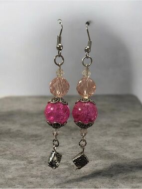 Handmade Pink  Drop Earrings with Silver Tone Accents